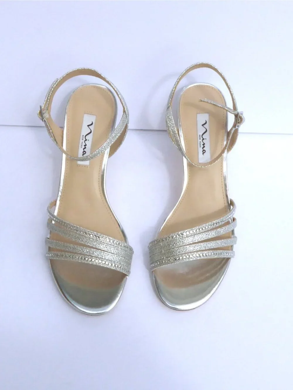 Nina New York silver rhinestone glitter strappy ankle strap heels size 8.5